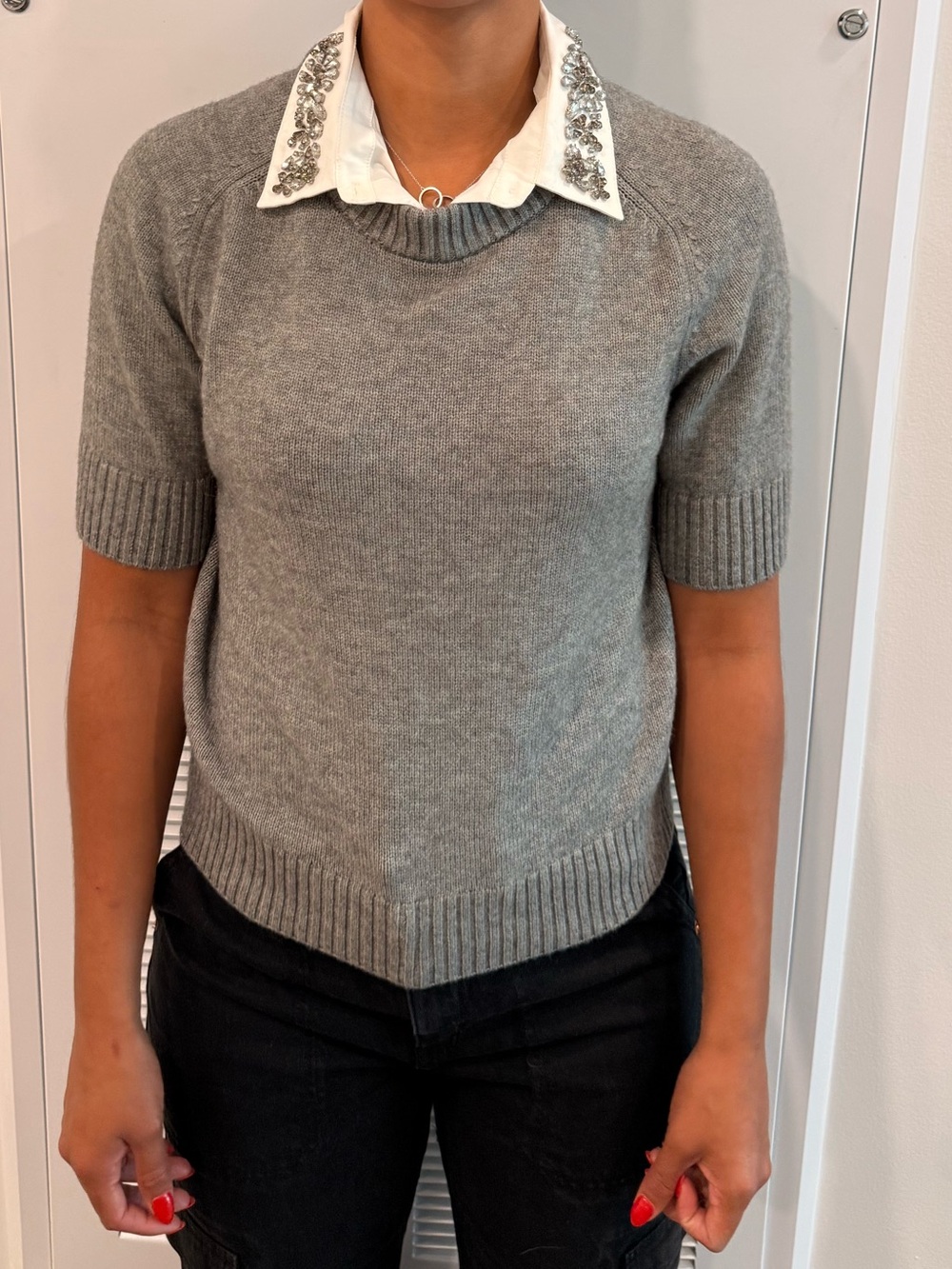 Ann Taylor Gray Short-Sleeve Crewneck Sweater
